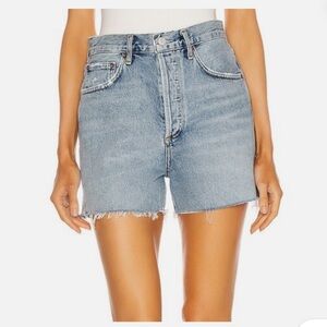 Agolde Blue High-Waisted Jean Shorts with Frayed Hem